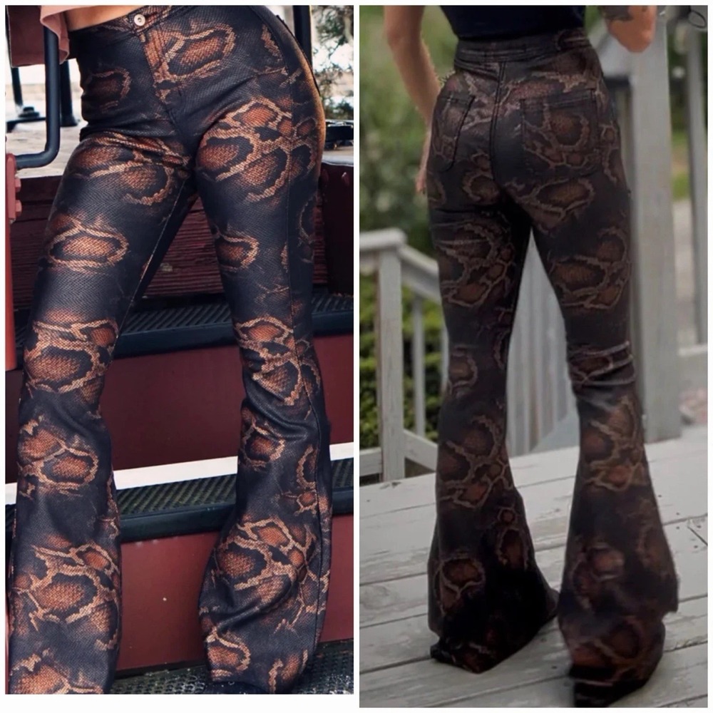 Willow Boutique Brown Snake Print Flare Pants Medium High Rise Stretch NWT